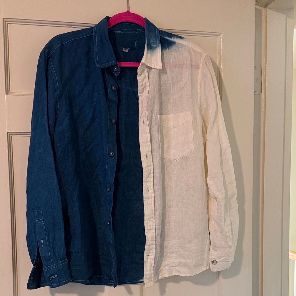 Hand-Dyed Two-Tone Half Indigo Blue & White Linen Button-Up Shirt